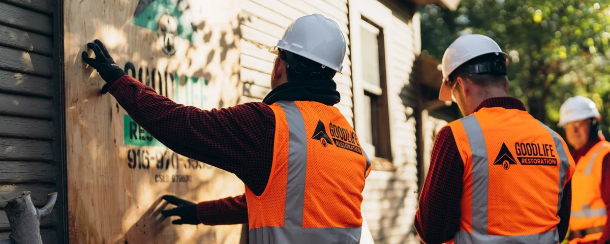 Does Home Insurance Pay For Emergency Board Up Services — Good Life Restoration crew boarding up a damaged window