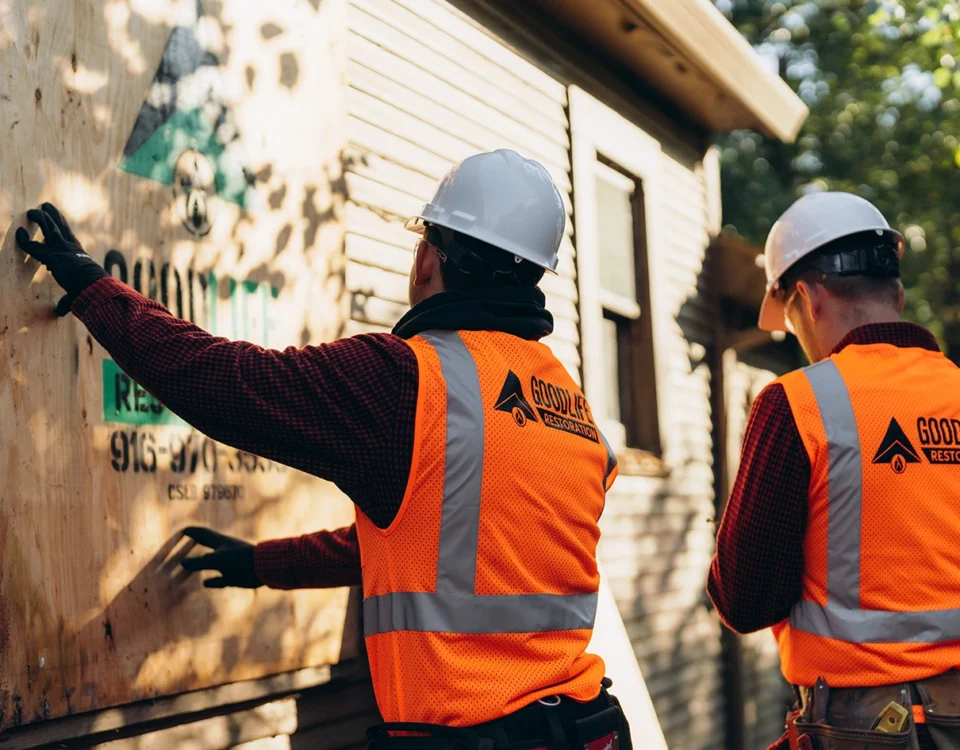 Does Home Insurance Pay For Emergency Board Up Services — Good Life Restoration crew boarding up a damaged window