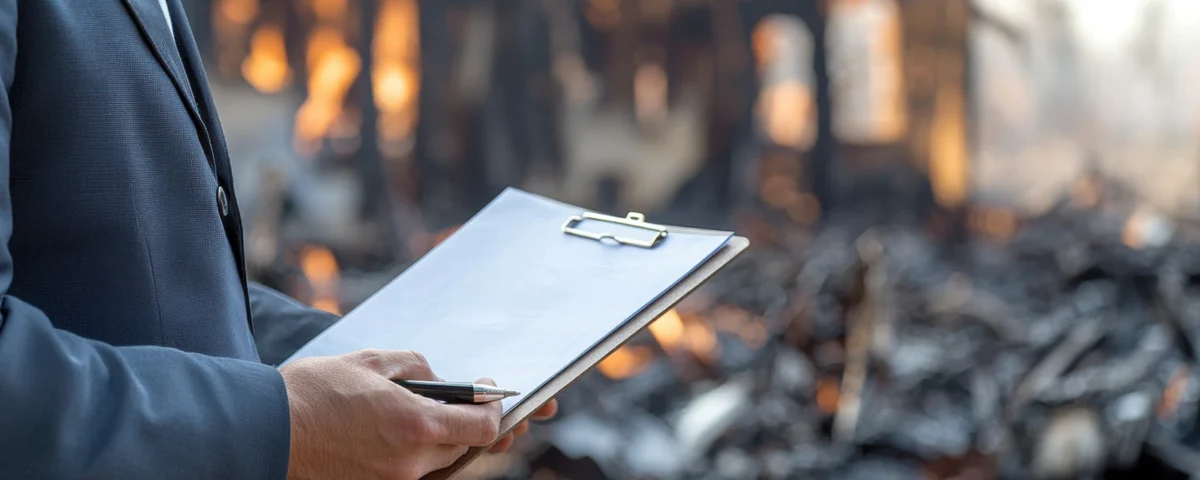 Man reviewing insurance documents near a fire-damaged house, illustrating how restoration companies work with insurance on claims