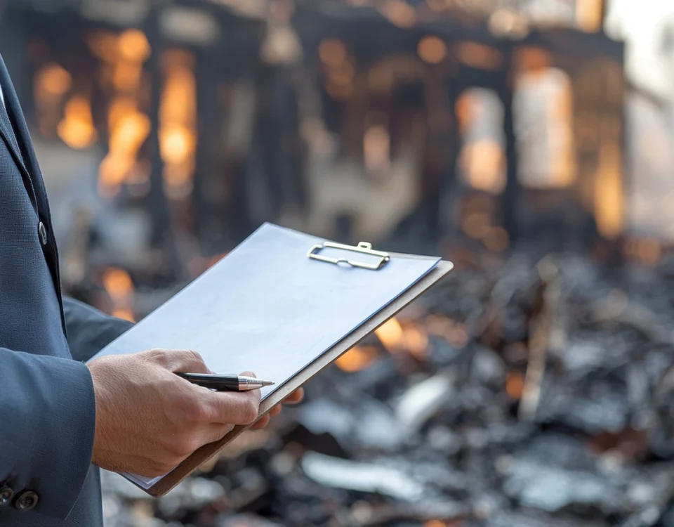 Man reviewing insurance documents near a fire-damaged house, illustrating how restoration companies work with insurance on claims