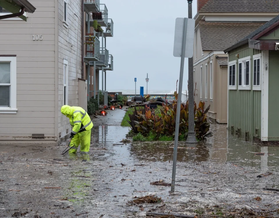 Californian house in Sacramento after rain with wet roof and overflowing gutters