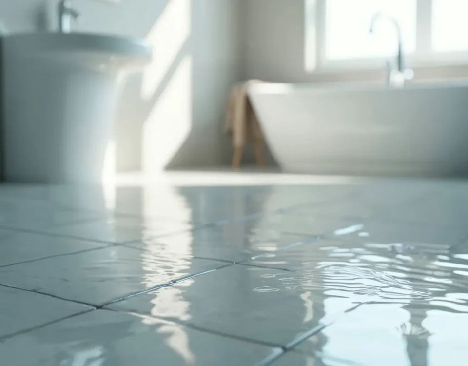 Flooded bathroom with standing water on tile floor